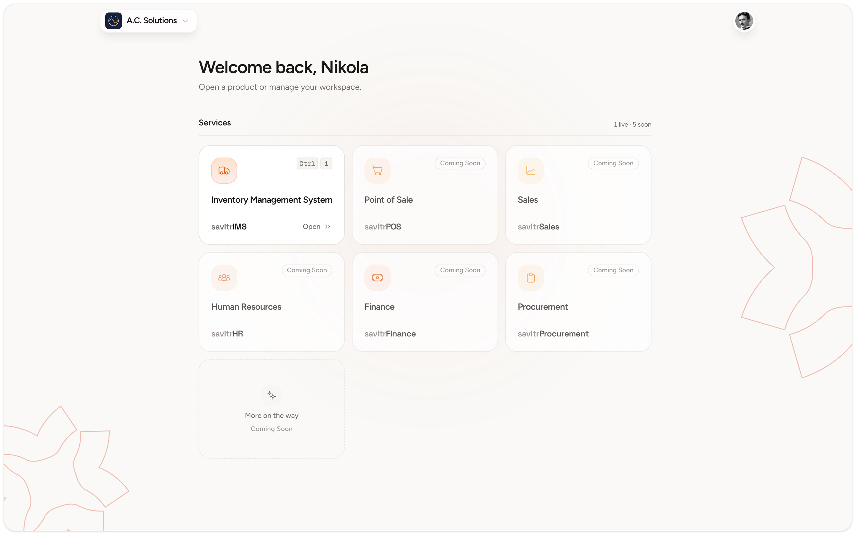 Savitr: One, the hub where every Savitr app opens: savitrIMS live, with point of sale, sales, HR, finance and procurement coming