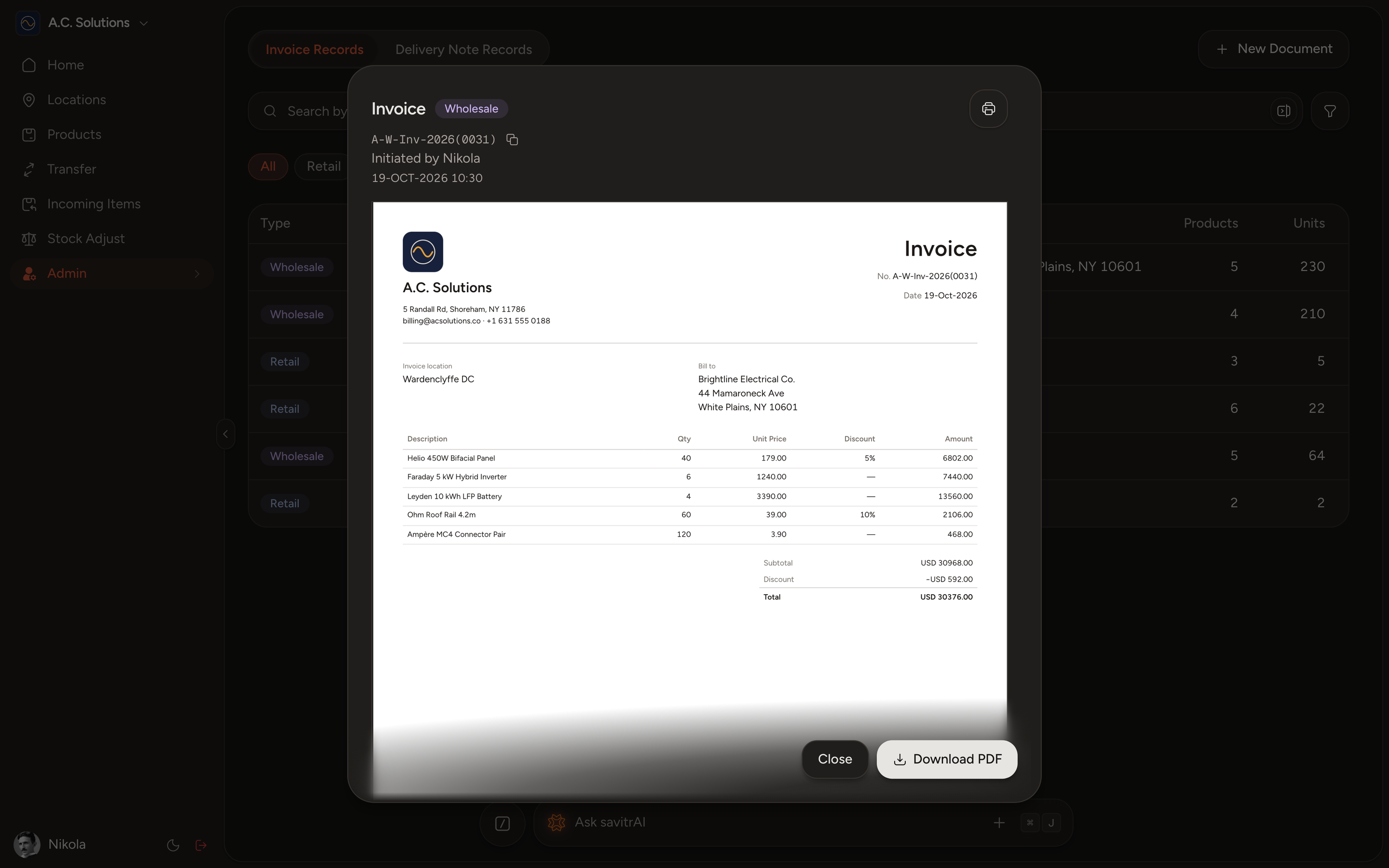 Wholesale invoice A-W-Inv-2026(0031) on the A.C. Solutions template: five lines, subtotal, discount and total