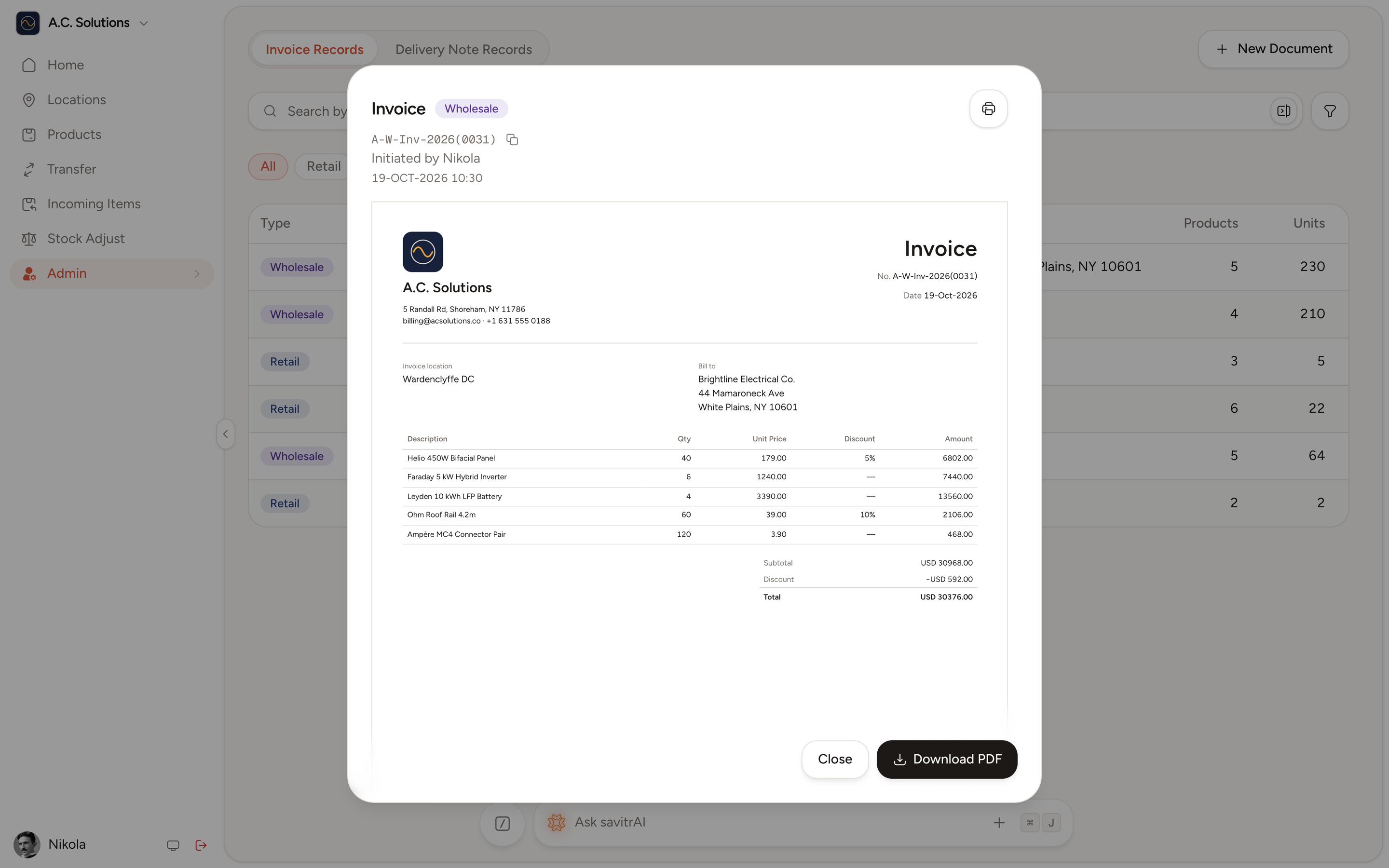 Wholesale invoice A-W-Inv-2026(0031) on the A.C. Solutions template: five lines, subtotal, discount and total