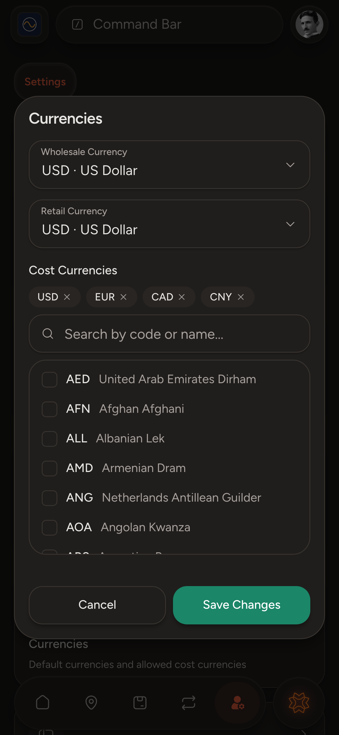 Currency settings: wholesale currency USD, retail currency USD, cost currencies USD, EUR, CAD and CNY, and the currency list