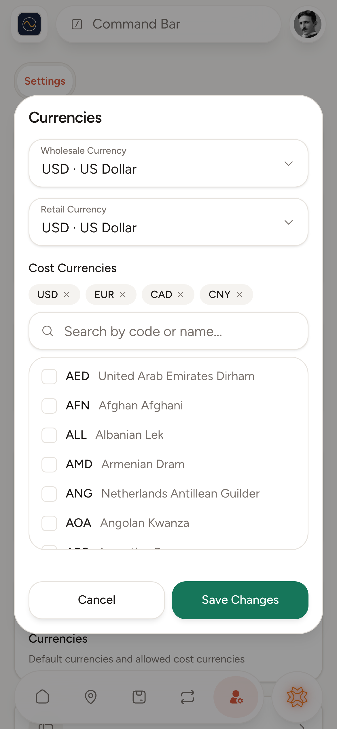 Currency settings: wholesale currency USD, retail currency USD, cost currencies USD, EUR, CAD and CNY, and the currency list